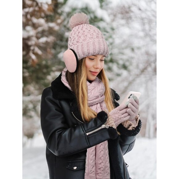 Women Winter Beanie Hat Scarf Gloves Ear Warmer 4-in-1 Set Knit Fleece - Picture 6 of 6